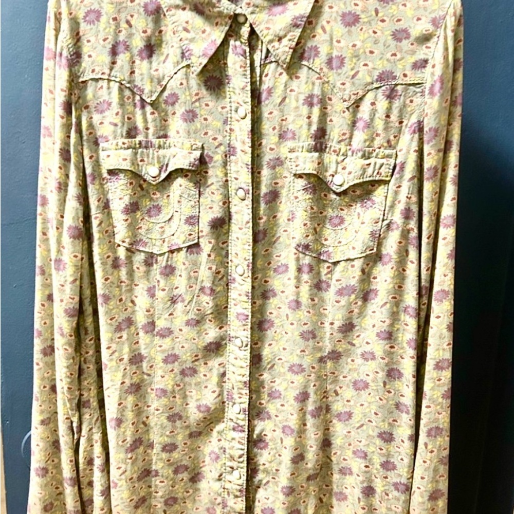 True Religion Western Floral Snap Shirt Large Boho Prairie Sunflower Top